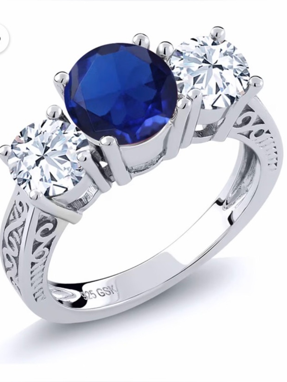Blue Sapphire Three-Stone Ring & diamond accents 925 Sterling Silver RETAIL $148
